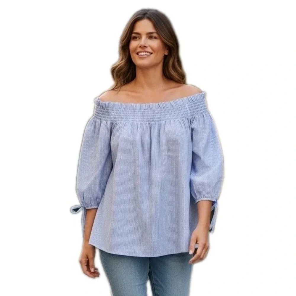 DO+BE Off‎ The Shoulder Top Smocked Tie Sleeve Coastal Grandmillennial Preppy S